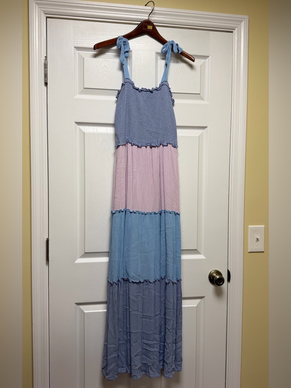 Pastel Tiered Tie-Shoulder Maxi Dress - Light Blue & Light Pink